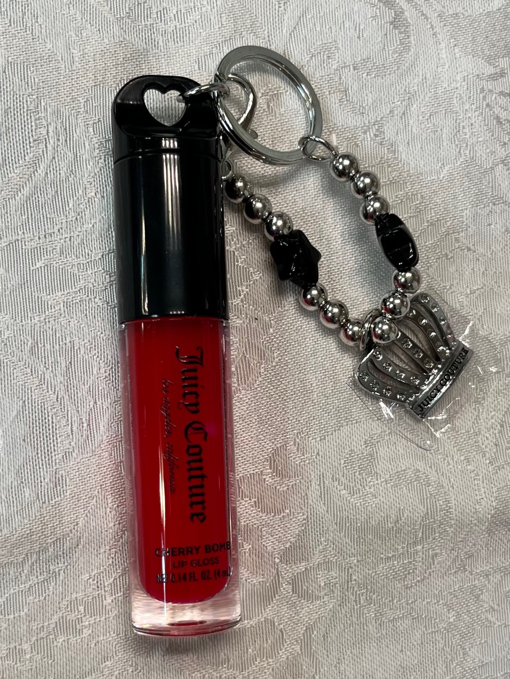 Juicy Couture Lip Gloss Cherry Bomb with Silver Crown Keychain Charm